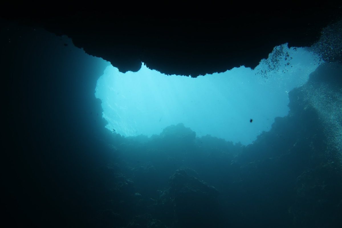 Blue light streaming into the Blue Holes cavern, Palau