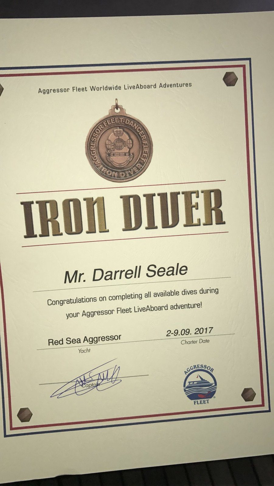 Red Sea Aggressor Iron Diver certificate awarded to Darrell Seale, 2–9 September 2017