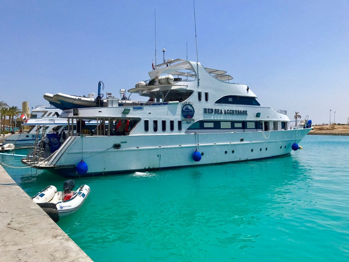 Red Sea Aggressor liveaboard dive boat moored in turquoise water